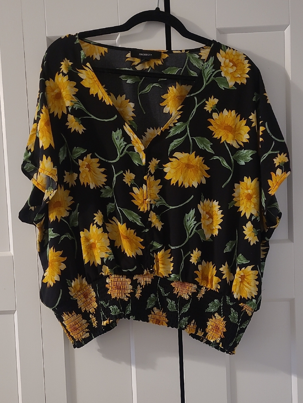 Forever 21 Black Floral V-Neck Smocked Hem Top with Yellow Flowers